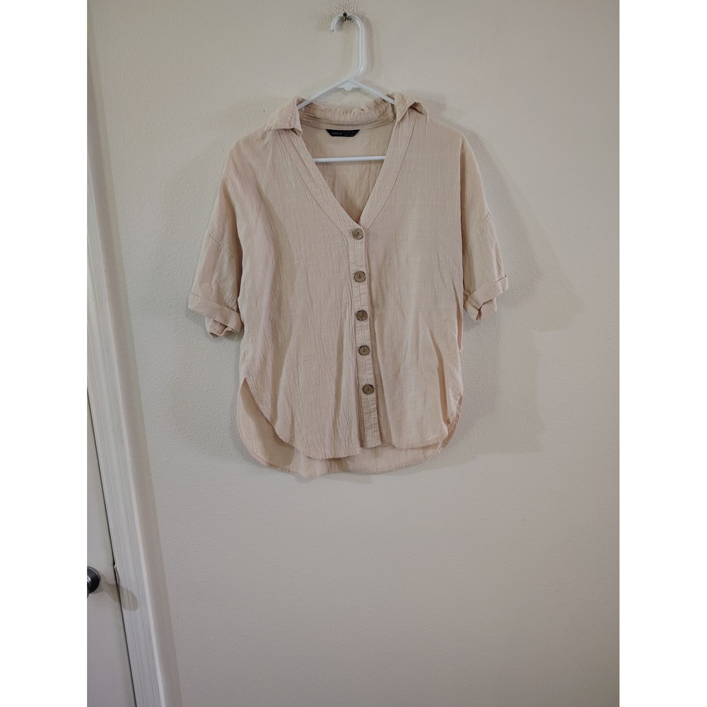 SHEIN Womens Beige Textured Button Front Short Sleeve Blouse Top Size Large